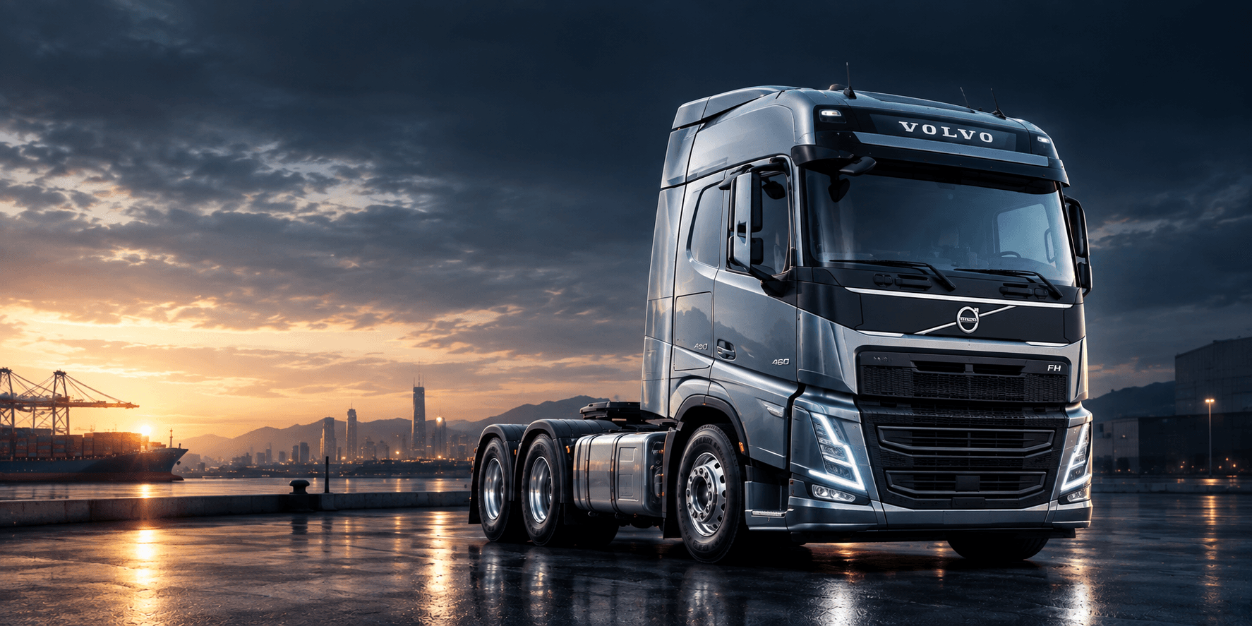 Volvo truck head with the delivery route from Europe to Riyadh