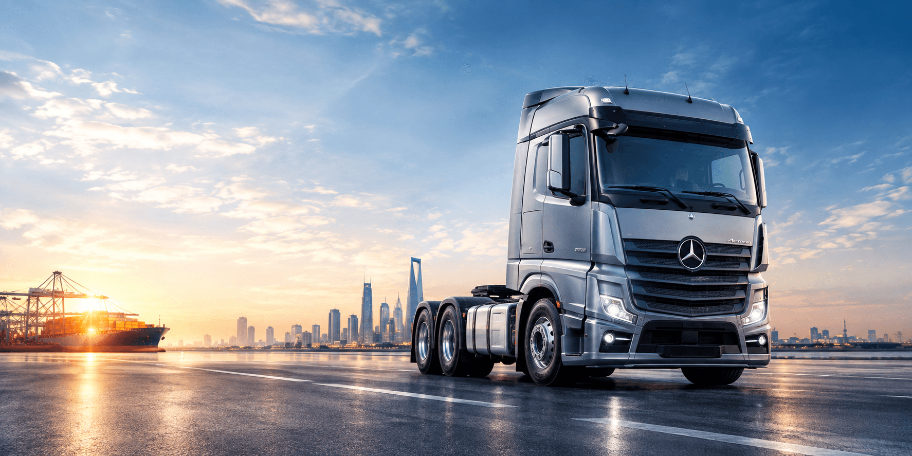 Volvo, Mercedes-Benz, Renault and MAN trucks lined up at sunset