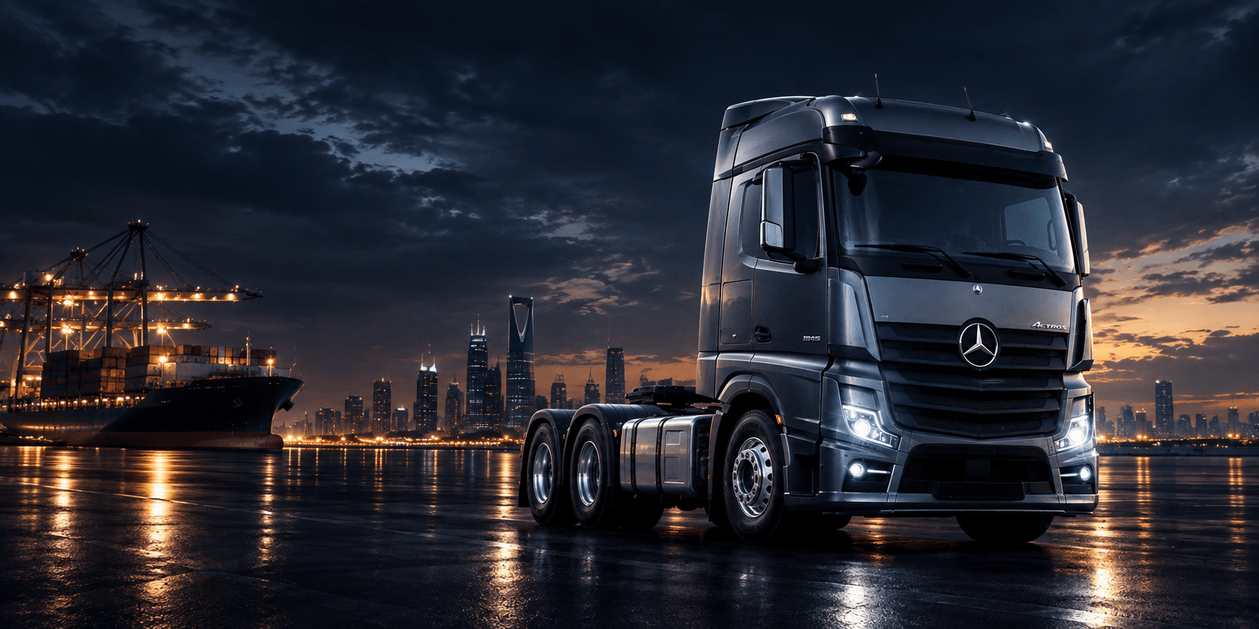 Semi truck on a highway at dusk